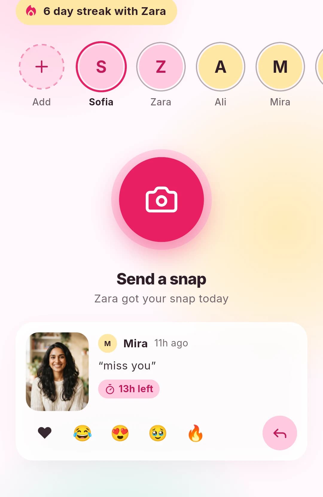 DuoFrame Android app Home screen with the send button and received snap