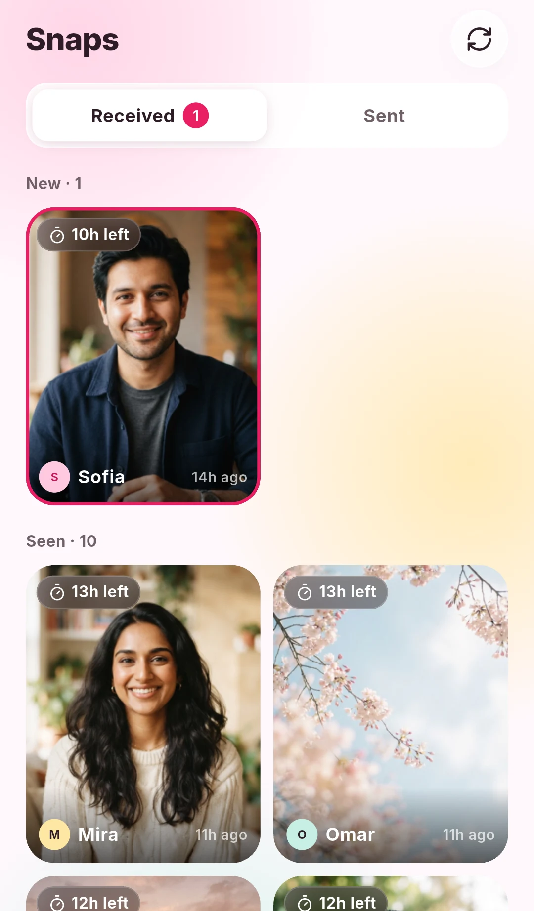 DuoFrame Android Snaps screen with recent photos from friends